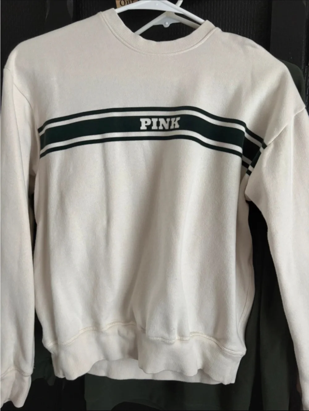 PINK Crewneck Sweatshirt - Cream with Dark Green Stripe